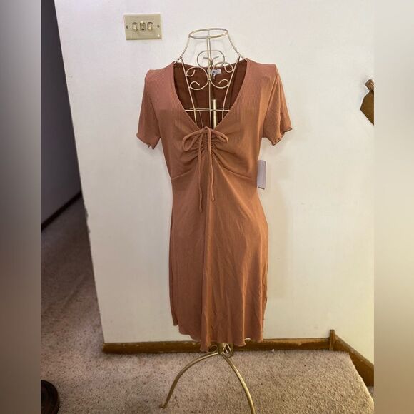 NWT BP ribbed shirt dress with tie front in tan mocha size medium - Picture 1 of 7